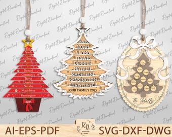 Personalized Family Tree Ornament SVG, Custom Christmas Name Ornament Set, Layered Laser Cut File, Holiday Wood Decoration Template