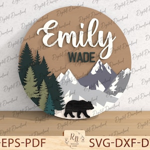 Cartello orso e montagna, scena orso SVG per taglio laser, file di taglio fauna selvatica catena montuosa, animali del bosco svg, file Glowforge