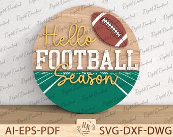 Hello Football Season Sign SVG, Football Round Sign File, Game Day Door Hanger, Fall Sports Decor Home, Laser Cut File Glowforge Cricut