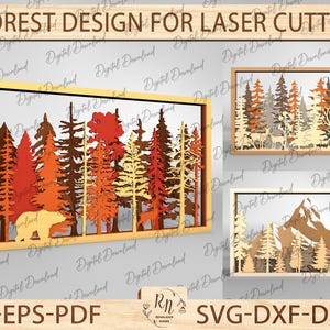 Könnte beinhalten: Drei digitale Designs zum Laserschneiden mit Waldmotiven. Das erste Design zeigt einen Bären, der durch einen Wald mit Bäumen in Orange-, Gelb- und Brauntönen geht. Das zweite Design zeigt einen Wald mit Hirschen im Vordergrund. Das dritte Design zeigt eine Bergkette mit Bäumen im Vordergrund. Der Text "FOREST DESIGN FOR LASER CUTTING" befindet sich oben im Bild. Der Text "AI-EPS-PDF" befindet sich unten links im Bild. Der Text "SVG-DXF-DWG" befindet sich unten rechts im Bild.