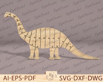 May include: A wooden dinosaur cutout with a segmented design, ready for assembly. The dinosaur is brown and has a long neck and tail.