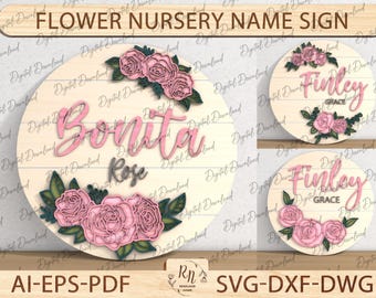 3D Flower Nursery Name Sign SVG, Flower 3D Wooden Sign, Girl Nursery Decor,  Round Sign Design