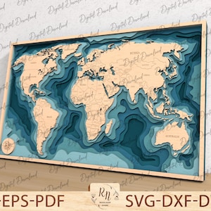 May include: A layered world map with a wooden frame and blue ocean details. The map is a digital download file for crafting projects.