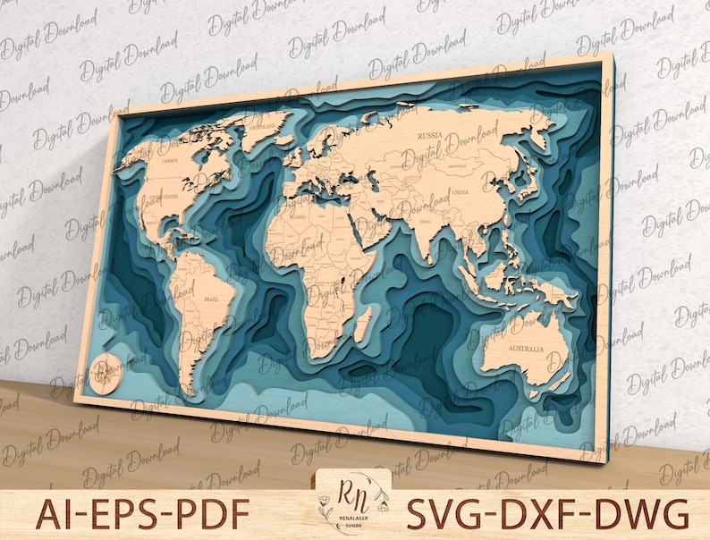 May include: A layered world map with a wooden frame and blue ocean details. The map is a digital download file for crafting projects.