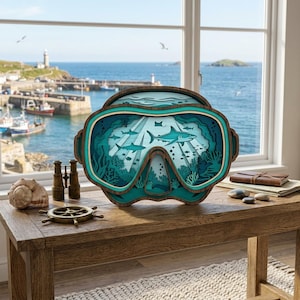 May include: A multi-layered wooden wall art piece shaped like a scuba diving mask, featuring intricate cutouts of sharks, fish, and coral reefs in various shades of blue and teal, displayed on a wooden surface with a nautical theme.