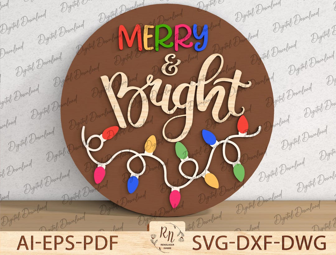 Merry and Bright Christmas Sign SVG, Colorful Lights Laser Cut File, 3D ...