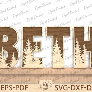 Placa de nome de berçário personalizada com 26 letras Woodland, placa de nome de bebê cortada a laser, placa de nome para meninos de berçário, decoração de berçário com montanhas e árvores