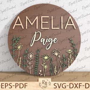 Custom Wild Floral Wood Nursery Name Sign Door Hanger, 3D Flower Nursery Name Sign SVG,  Flower Wooden Sign, Wooden Name Sign,  Glowforge