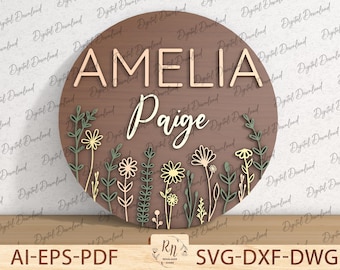 Letrero de madera con nombre para guardería, personalizado, con flores silvestres, para colgar en la puerta, con flores en 3D, SVG, Glowforge
