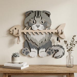 May include: A gray and white cat-shaped key holder made of wood, holding a fish-shaped key rack in its mouth. The key rack has several hooks for keys. The cat is mounted on a wall. A small succulent and books are on a wooden table.