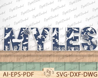 Ocean Alphabet SVG laser cut , font ocean,svg digital file beach font starfish coral GLowforge ready,  26 letters for kids bedroom Cut file