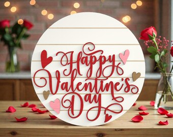 Happy Valentine’s Day Door Hanger SVG, Valentine Round Sign Laser Cut File, Layered Heart Door Sign for Glowforge XTool, 3D Valentines Decor