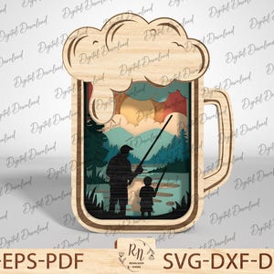 Lantaarn Happy Father's Day vissen gesneden bestand SVG, gelaagde lichtbak gesneden bestand, cadeau voor papa, decor van de visser, Glowforge Svg-bestand