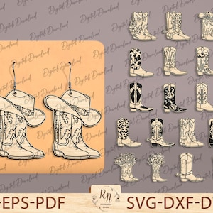 Arquivos de corte a laser SVG para brincos de botas de cowboy, SVG para botas de cowgirl, SVG para brincos de faroeste, arquivos Glowforge