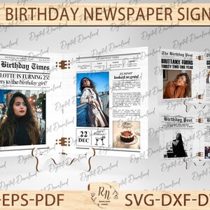 誕生日新聞ストランディング木製サインSVG、誕生日新聞レーザーカットサイン、ファイルGlowforge装飾