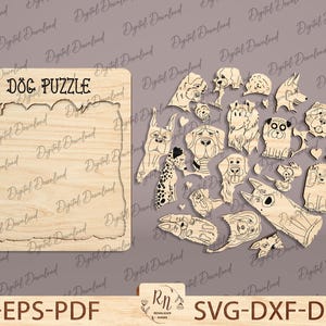 May include: A wooden puzzle featuring a dog theme. The puzzle is made up of 20 pieces, each with a different dog breed. The puzzle is designed to be cut out and assembled. The text "DOG PUZZLE" is printed on the top of the puzzle.