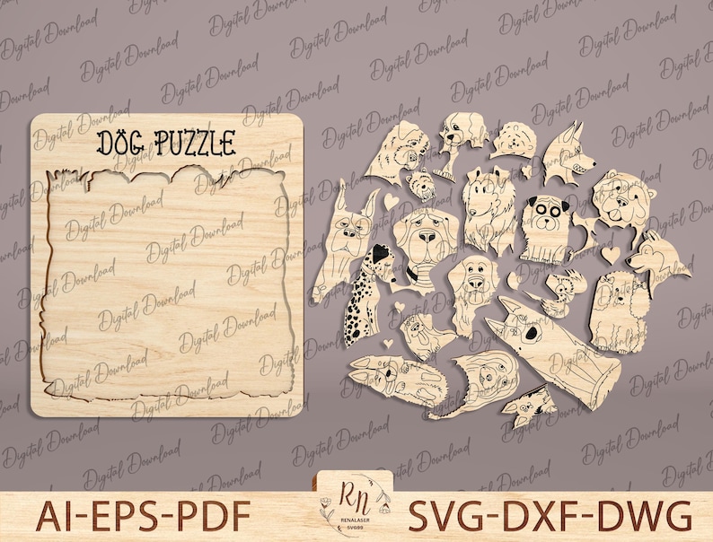 May include: A wooden puzzle featuring a dog theme. The puzzle is made up of 20 pieces, each with a different dog breed. The puzzle is designed to be cut out and assembled. The text "DOG PUZZLE" is printed on the top of the puzzle.