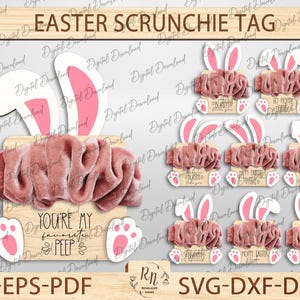 Tag Srunchie Lasercut Svg, Tag Scrunchie de Páscoa Lasercut Arquivo Svg, Suporte de Scrunchie de Coelho da Páscoa para Crianças Svg, Design de Coelho Fofo Svg