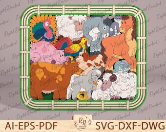 Bauernhof Tier Holzpuzzle Laser geschnitten Datei, ein lustiges und Lernspielzeug für Kinder SVG, Holzpuzzle-Spiel digitale Datei, Tiere Lernpuzzle