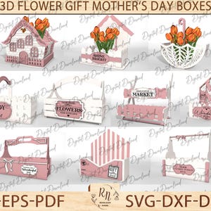 Houten bloemen opbergmand lasergesneden bestand Svg, 3D-bloem cadeau Moederdag dozen Svg, rustieke bloem boeket houder Svg, Moederdagcadeau
