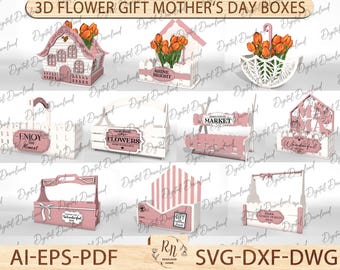 Wooden Flower Storage Basket Laser Cut File Svg,3D Flower Gift Mother‘s Day Boxes Svg, Rustic Flower Bouquet Holder Svg, Mother’s Day Gift