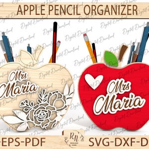 Organizer na ołówki w kształcie jabłka SVG, prezent dla nauczyciela, uchwyt na długopis Apple Pencil SVG Filet, prezent dla nauczycieli, pliki Digital Glowforge
