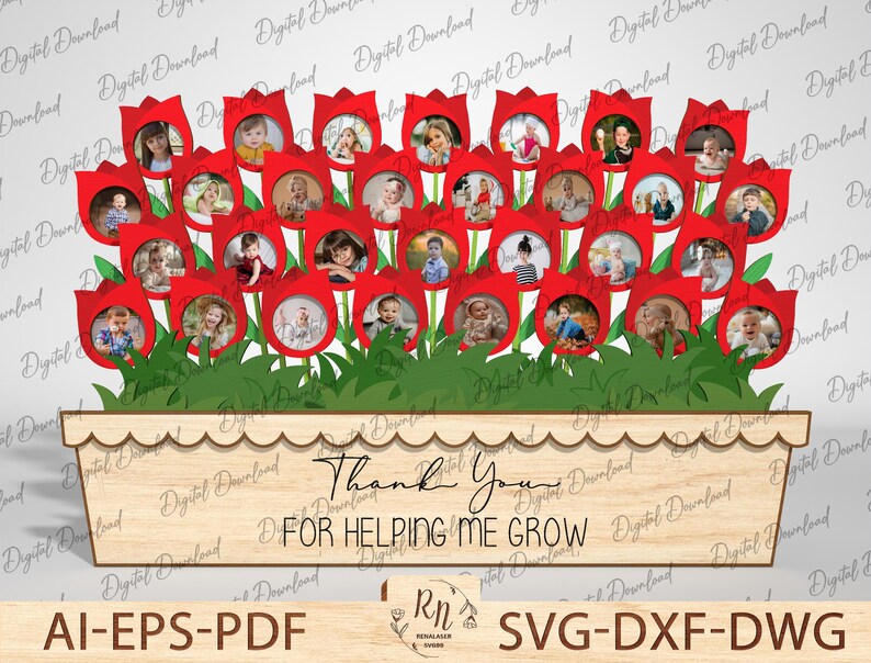 May include: A wooden flower pot with a red, white, and blue tulip design. The pot has a cutout for a photo in each tulip. The pot has the text "Thank You for Helping Me Grow" on the front.