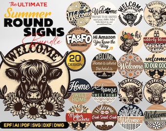Más de 20 paquetes de letreros de bienvenida de granja SVG, archivos cortados con láser para colgadores de puerta de vaca de las Tierras Altas, plantillas de letreros redondos "Hogar, dulce hogar" para decoración de porches
