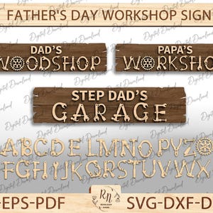 Puede incluir: Una descarga digital de un letrero de taller para el Día del Padre con tres diseños diferentes: Taller de papá, Taller de papá y Garaje de padrastro. Los letreros presentan un fondo de madera con una fuente decorativa y acentos de llaves y engranajes. La descarga también incluye un alfabeto con acentos de llaves y engranajes.
