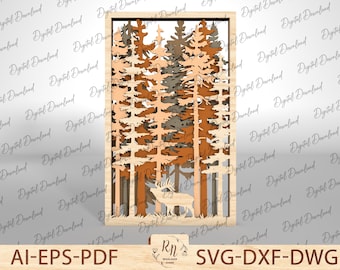 Forest Pine Laser Cut Template, Deer Hunting Art Decor, 3D deer landscape, Forest Wall Decor, Glowforge Cut File