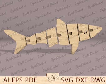 Rompecabezas de tiburón de madera SVG, rompecabezas 3D de madera, planos y patrones de tiburón para niños, corte láser Glowforge