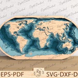 Holz Weltkarte SVG, 3D Holz Weltkarte, Holz Weltkarte, Holz Wand Dekor Geschenk, Laser Cut Datei, Datei für Glowforge