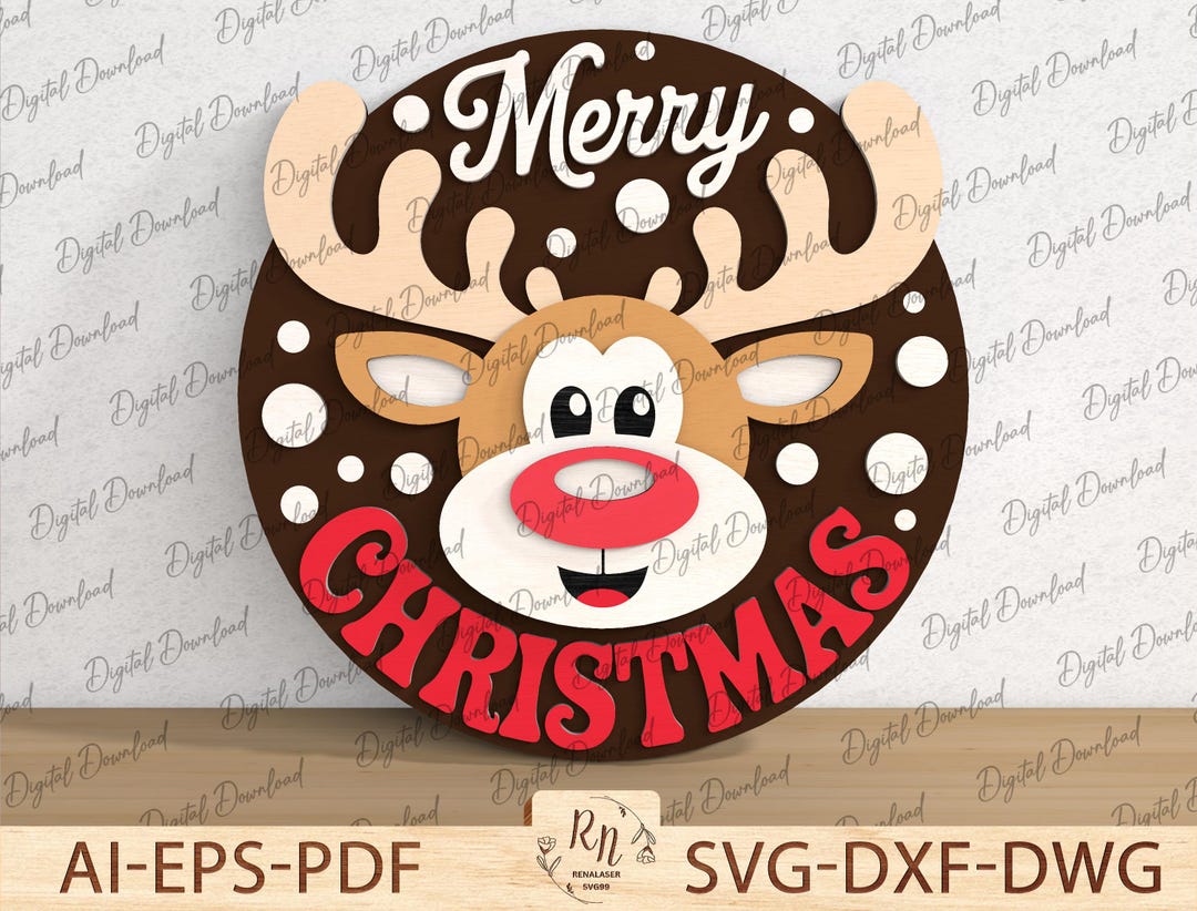 Merry Christmas Reindeer Sign SVG, Cute Deer Door Hanger Laser Cut File ...
