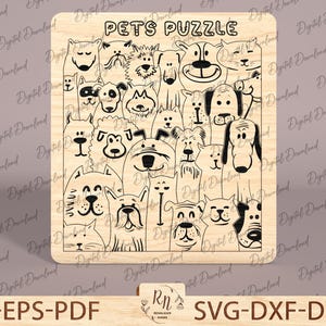 May include: A wooden puzzle with the text "PETS PUZZLE" at the top. The puzzle features a variety of cartoon animals, including dogs, cats, and a rabbit. The animals are all black and white.