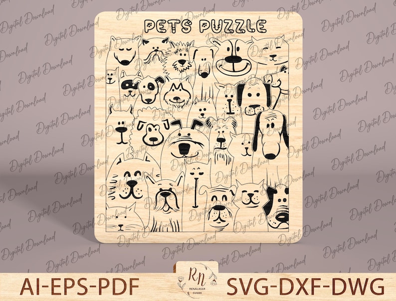 May include: A wooden puzzle with the text "PETS PUZZLE" at the top. The puzzle features a variety of cartoon animals, including dogs, cats, and a rabbit. The animals are all black and white.