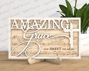 Amazing Grace Stand Decor Laser Cut Svg, Amazing Grace Sign Svg, Religiös Tiered Decor, Amazing Grace Files Svg, Katolsk Svg, Musik Tro Svg