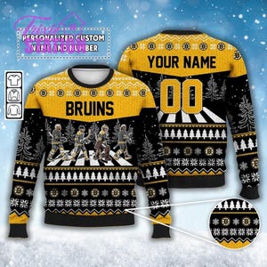 Custom Bruins Walking Abbey Road Ugly Christmas Sweater Ice Hockey Hoodie, Milan Lucic, Marchand, Jeremy Swayman, Pastrňák, Boston