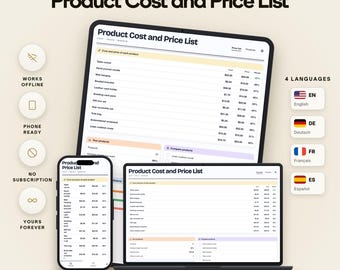 Product Cost and Price List with Margins, Category Averages and Side by Side Comparison