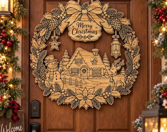 Merry Christmas Door Wreath Svg, Wooden Santa Laser Engraving Cut Files, Winter Holiday Decorations
