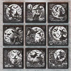 May include: Set of nine black and white illustrations featuring witches flying on broomsticks under a full moon. Each illustration includes a witch, a full moon, bats, and pumpkins. The illustrations are framed in black.
