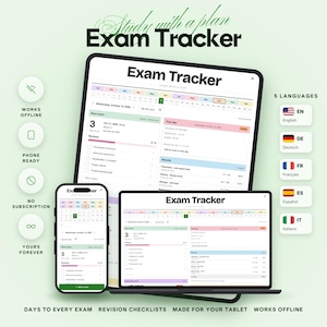 Puede incluir: Una interfaz digital Exam Tracker mostrada en una pantalla de tableta y teléfono inteligente. El diseño incluye un calendario, cuenta regresiva de exámenes, listas de revisión y seguimiento de resultados. El texto incluye 'Study with a plan', 'Exam Tracker', 'Works offline', 'Phone ready', 'No subscription' y 'Yours forever'.