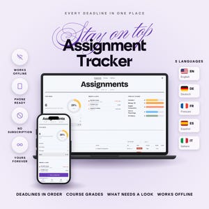 Organizador de tareas para estudiantes con fechas de entrega, notas por asignatura y calendario