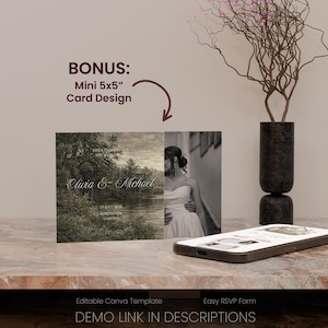 May include: A wedding invitation card design with a landscape scene and a photo of a couple. The card is labeled "Olivia & Michael" with the date "25 JULY 2020". A smartphone displays a wedding-related image. The card design is 5x5 inches.