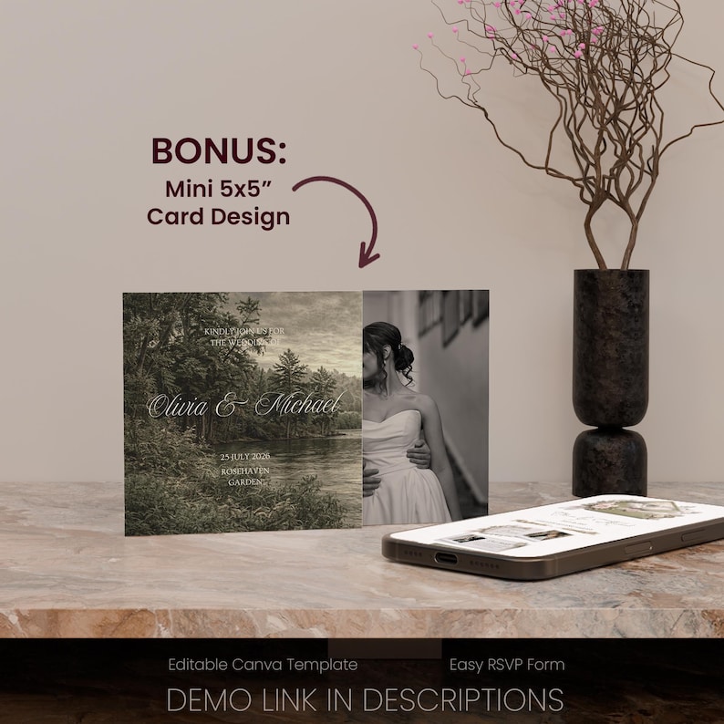 May include: A wedding invitation card design with a landscape scene and a photo of a couple. The card is labeled "Olivia & Michael" with the date "25 JULY 2020". A smartphone displays a wedding-related image. The card design is 5x5 inches.