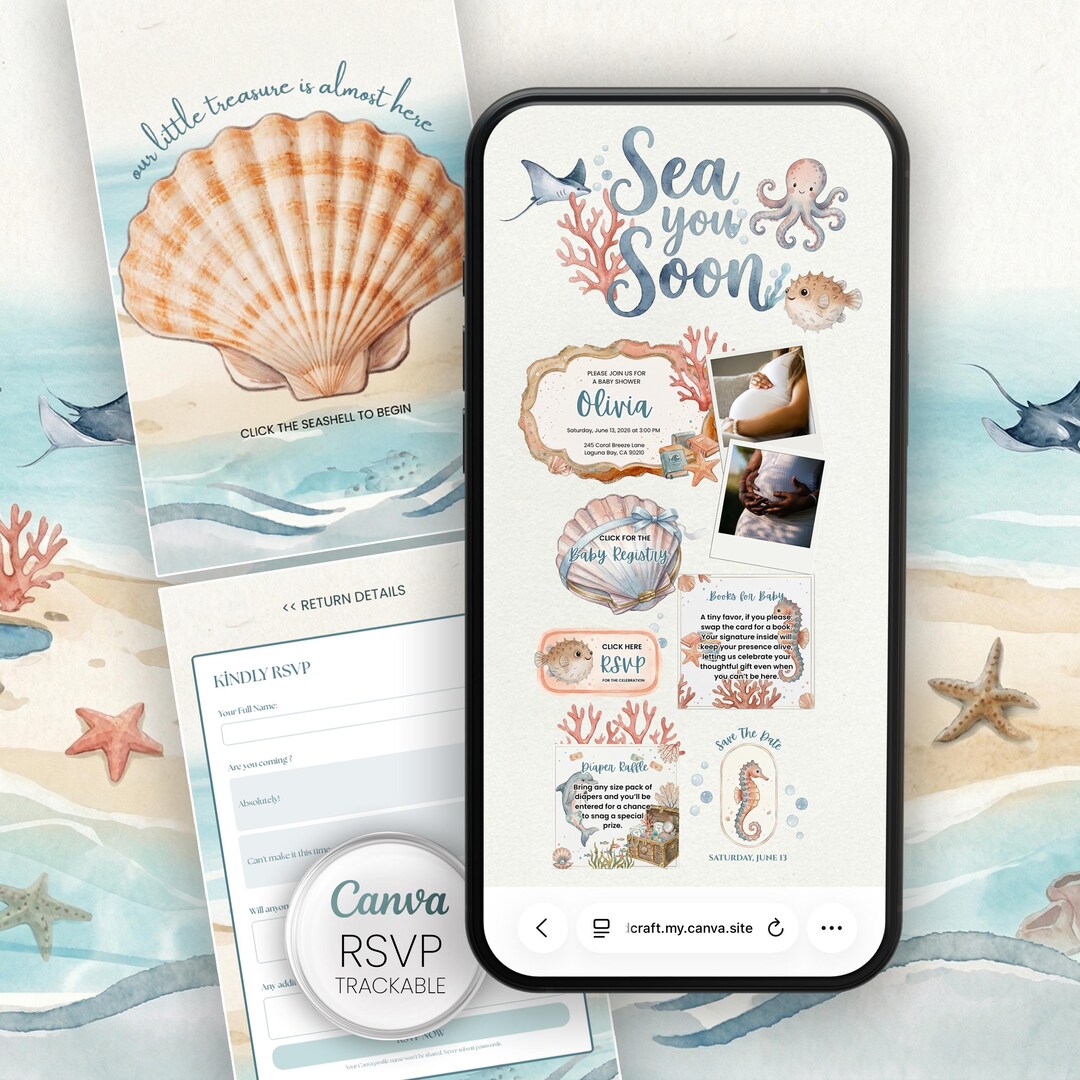 Sea You Soon Baby Shower Website Template With RSVP | Editable Canva ...