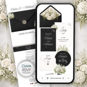 May include: A wedding invitation suite in black and white. The design includes an invitation, RSVP card, and details card. The invitation displays the names "Olivia and Michael" and the date "23rd July 2027". Floral accents decorate the suite.