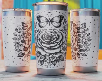 Rose Butterfly 20oz Tumbler Wrap, Butterflies 20oz Tumbler Laser Engraving Svg, 20oz Tumbler Laser Wrap, 20oz Laser Engraving Svg