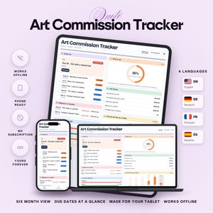 Könnte beinhalten: Ein digitales Art Commission Tracker Dashboard auf einem Tablet, Smartphone und Laptop. Die Benutzeroberfläche zeigt Projektlisten, Fortschrittsbalken, Finanzübersichten und Status-Tags. Der Text umfasst "Art Commission Tracker", "Works Offline", "Phone Ready", "No Subscription", "Yours Forever" und "Six Month View".