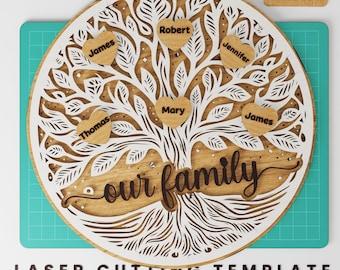 Plik Family Tree Svg Laser Cut, Zaokrąglony projekt Family Tree, Drzewo wnuków Svg, Prezent na Dzień Matki Laser Cut Svg