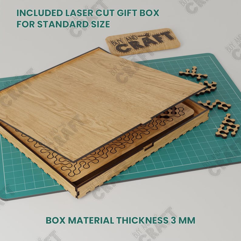 May include: A wooden box with a laser-cut design and a lid that opens to reveal a puzzle. The box is made of 3 mm thick wood and has the text "BOY AND CRAFT" on the lid. The box is sitting on a green cutting mat.